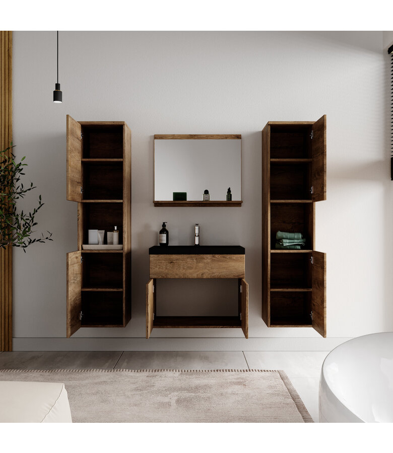 Badkamermeubel Montreal XL 60cm complete set - bruin eiken - zwarte wastafel