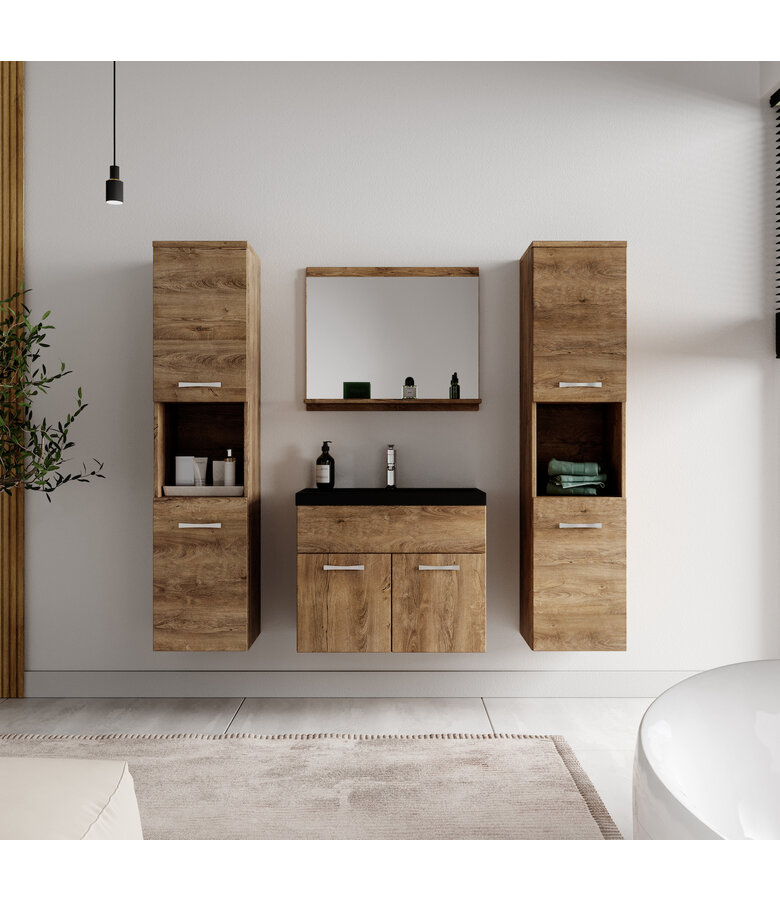 Badkamermeubel Montreal XL 60cm complete set - bruin eiken - zwarte wastafel