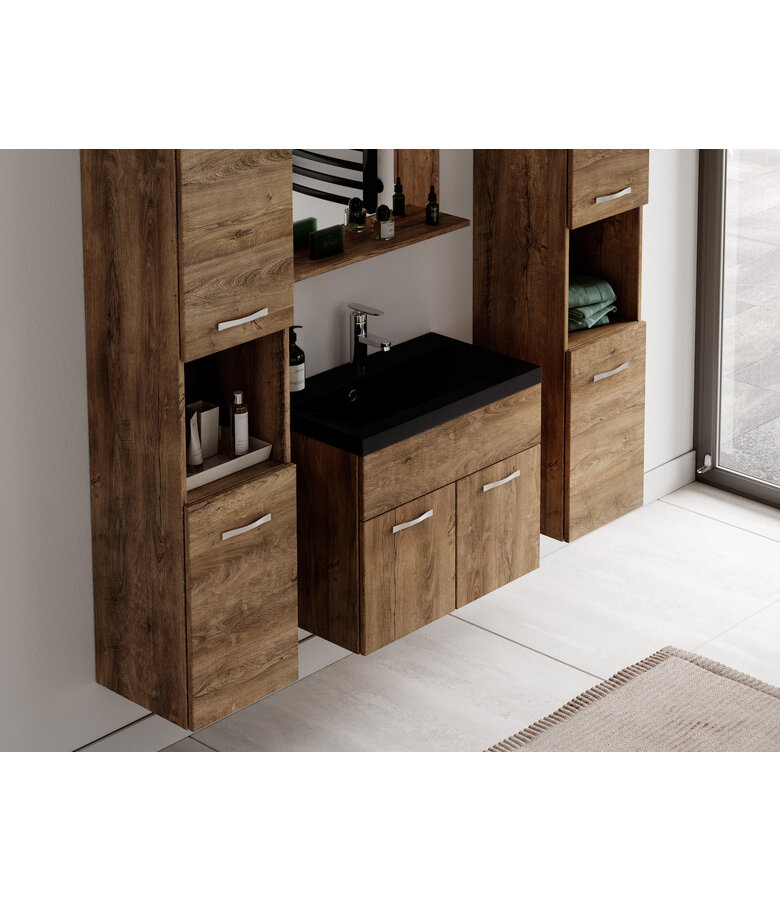 Badkamermeubel Montreal XL 60cm complete set - bruin eiken - zwarte wastafel