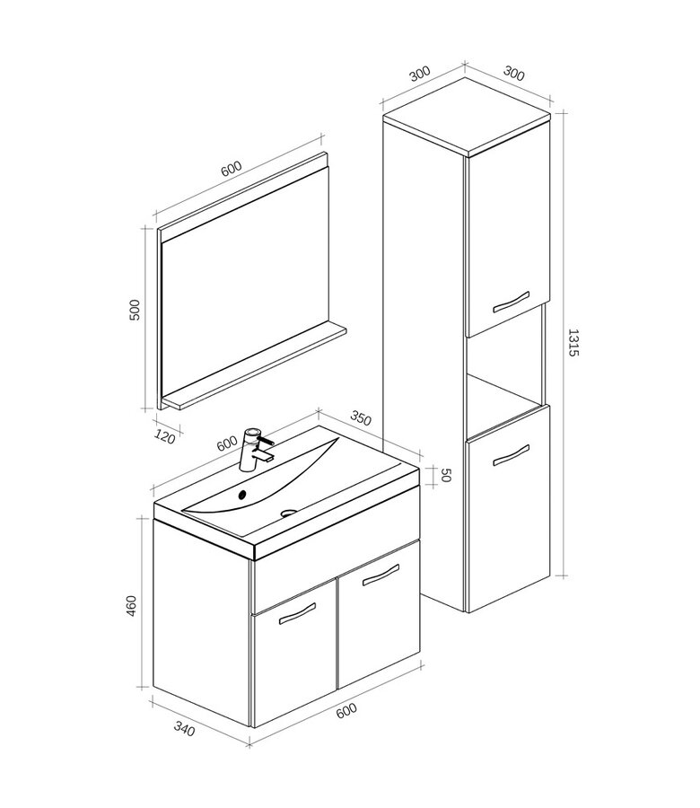 Badkamermeubel Montreal XL 60cm complete set - hoogglans zwart - zwarte wastafel