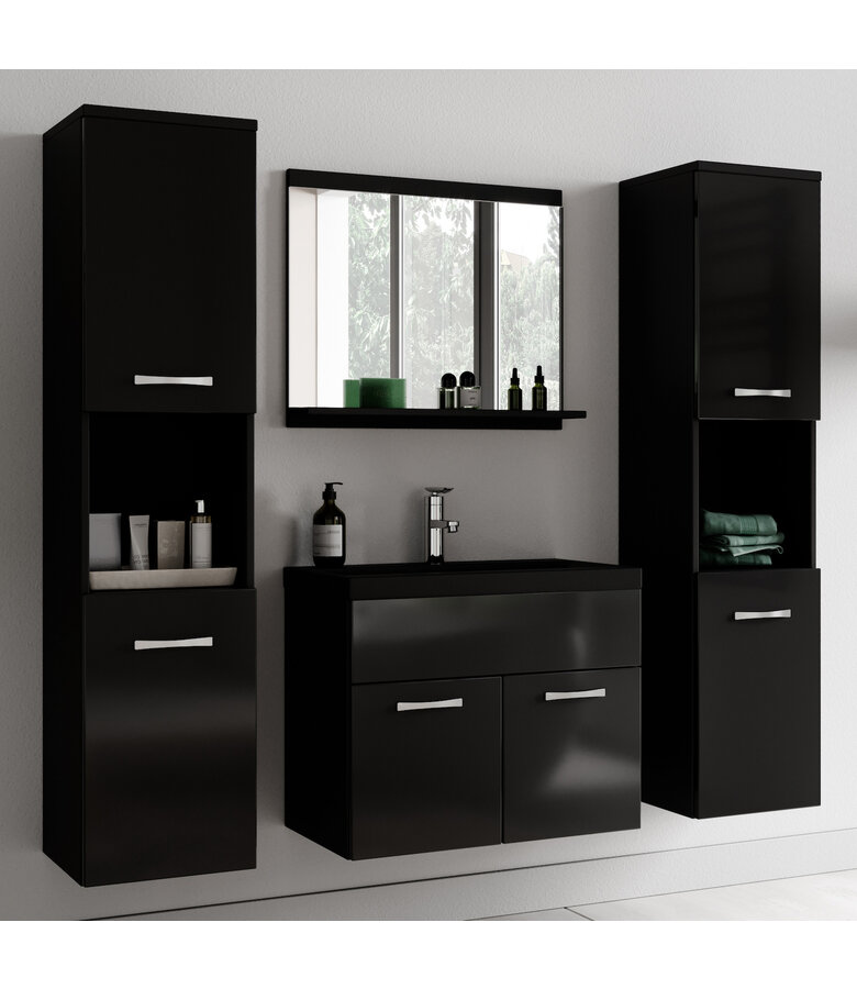 Badkamermeubel Montreal XL 60cm complete set - hoogglans zwart - zwarte wastafel