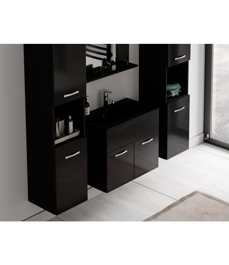 Badkamermeubel Montreal XL 60cm complete set - hoogglans zwart - zwarte wastafel