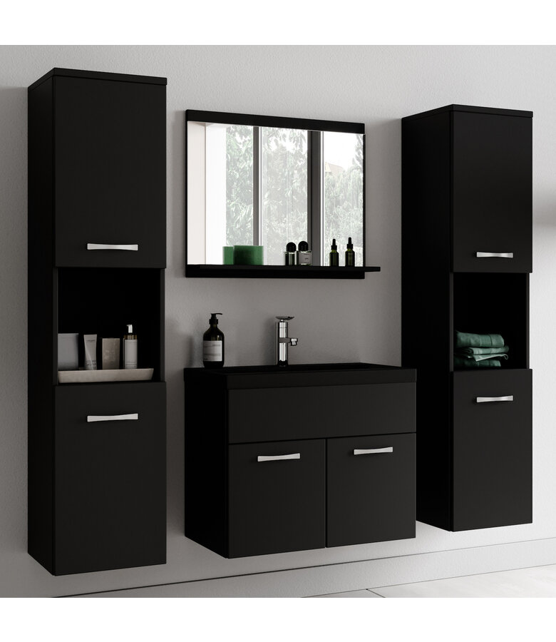 Badkamermeubel Montreal XL 60cm complete set - mat zwart - zwarte wastafel