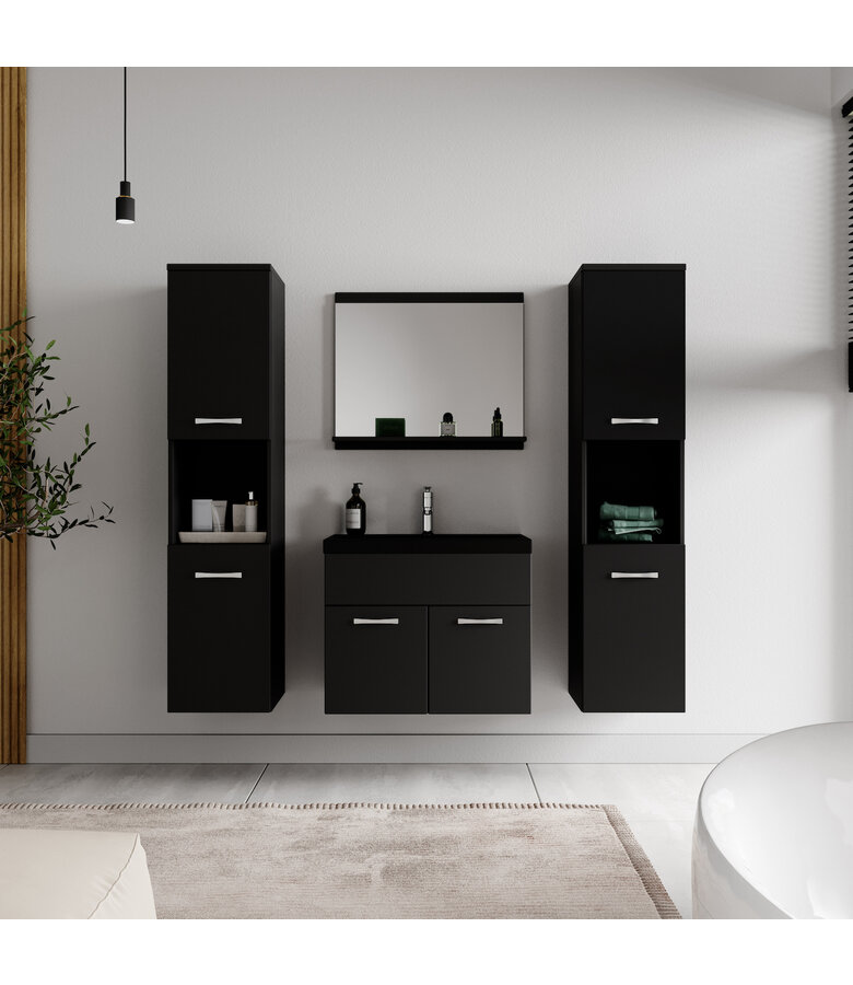 Badkamermeubel Montreal XL 60cm complete set - mat zwart - zwarte wastafel