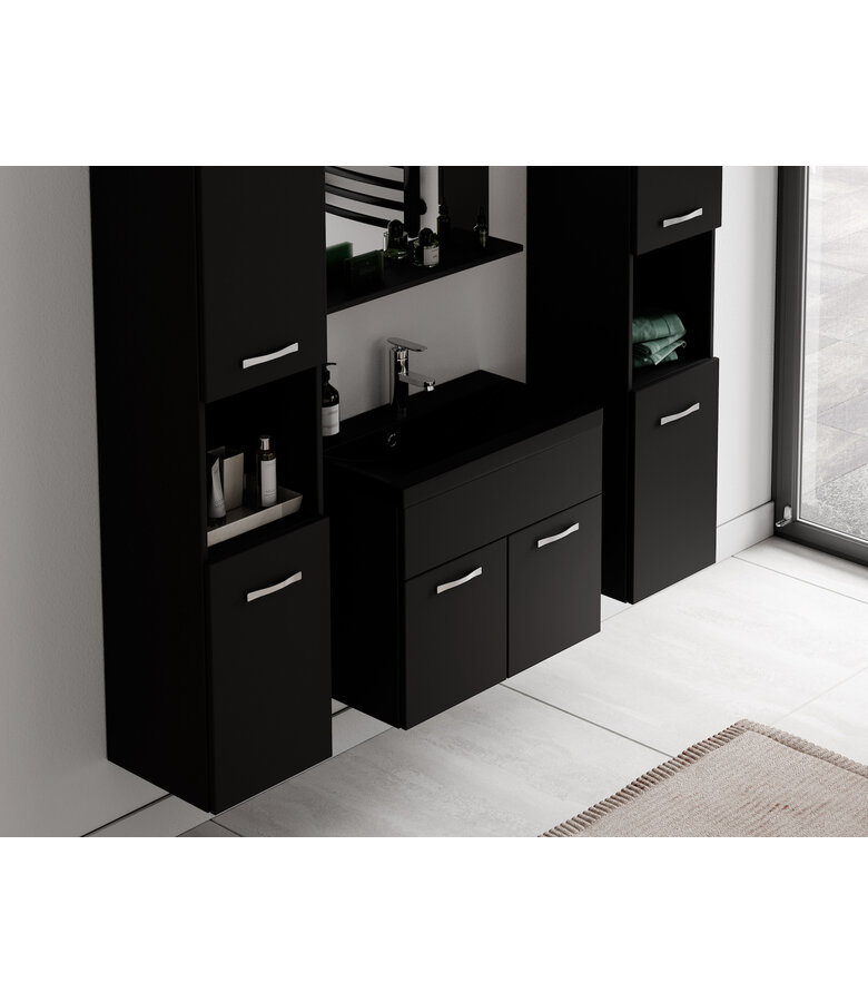 Badkamermeubel Montreal XL 60cm complete set - mat zwart - zwarte wastafel
