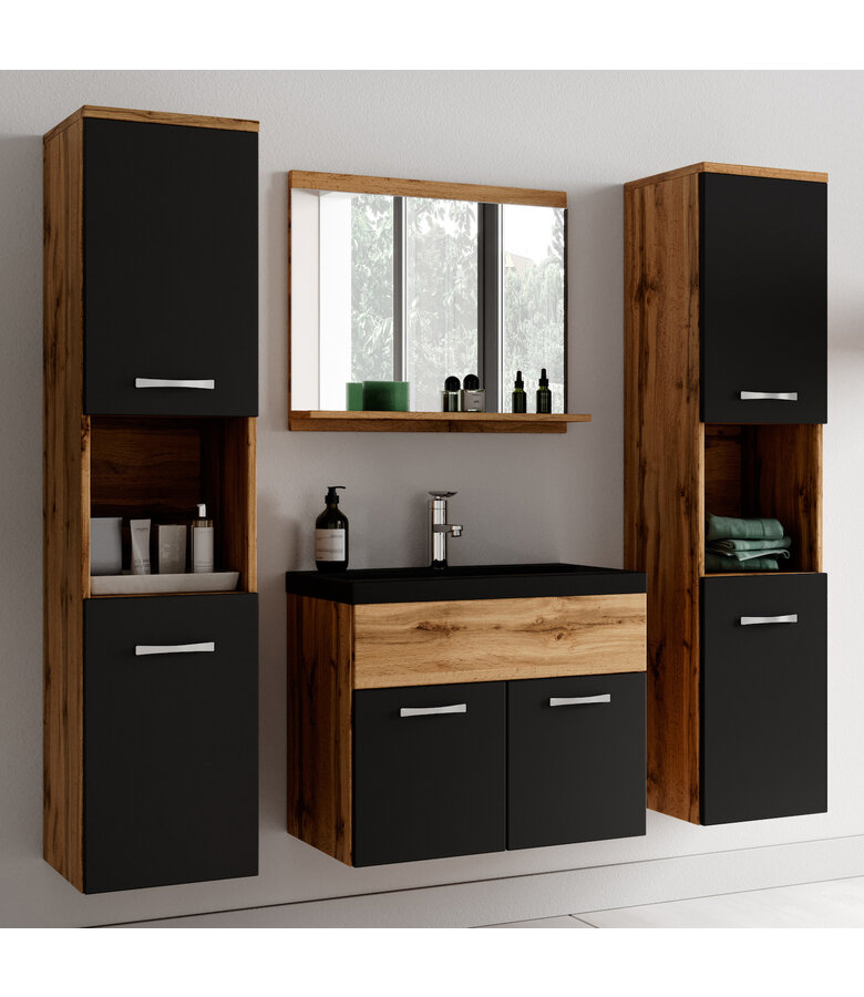 Badkamermeubel Montreal XL 60cm complete set - eiken met mat zwart - zwarte wastafel