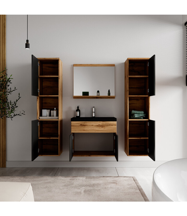 Badkamermeubel Montreal XL 60cm complete set - eiken met mat zwart - zwarte wastafel