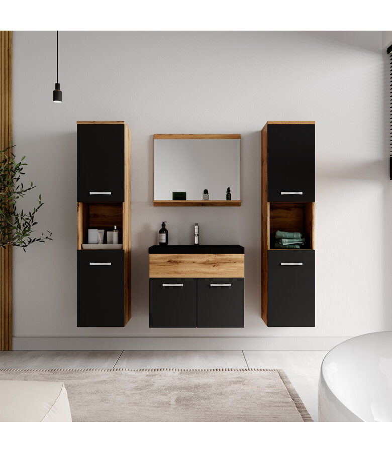 Badkamermeubel Montreal XL 60cm complete set - eiken met mat zwart - zwarte wastafel