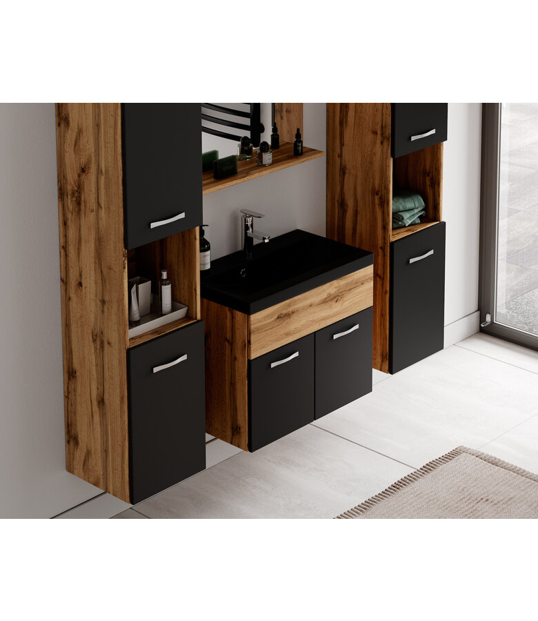 Badkamermeubel Montreal XL 60cm complete set - eiken met mat zwart - zwarte wastafel