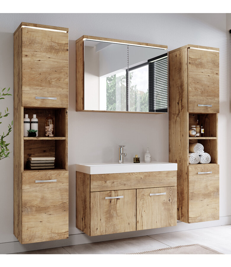 Badkamermeubel Paso XL LED 80cm met spiegelkast - kastanje eiken