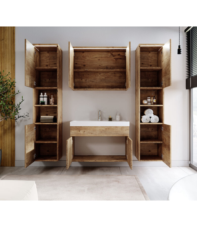 Badkamermeubel Paso XL LED 80cm met spiegelkast - kastanje eiken