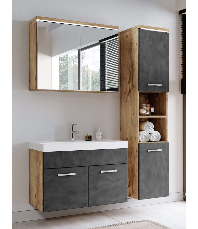 Badkamermeubel Paso LED 80cm met spiegelkast - kastanje eiken met donker grijs