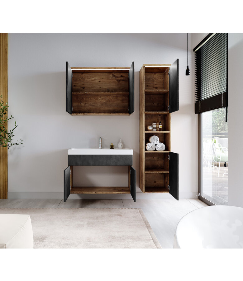 Badkamermeubel Paso LED 80cm met spiegelkast - kastanje eiken met donker grijs