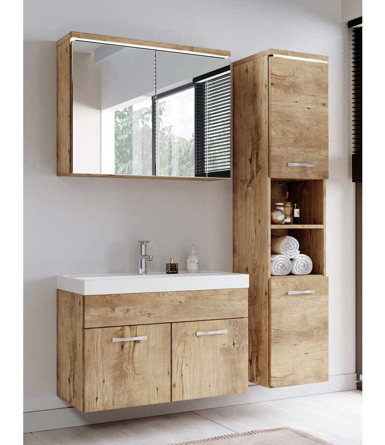 Badkamermeubel Paso LED 80cm met spiegelkast - kastanje eiken