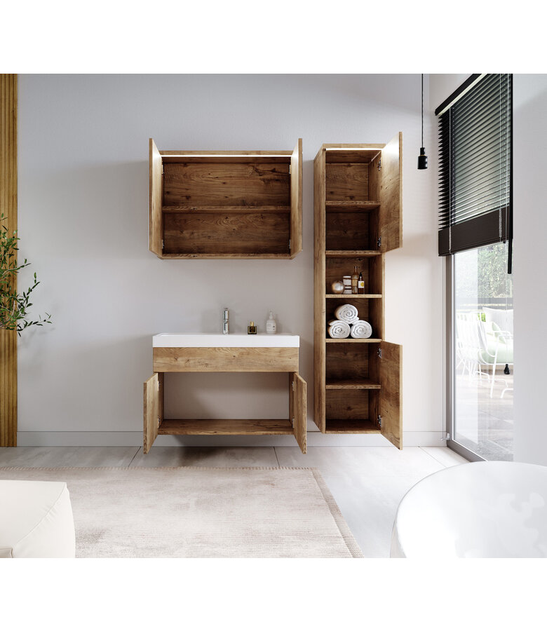 Badkamermeubel Paso LED 80cm met spiegelkast - kastanje eiken