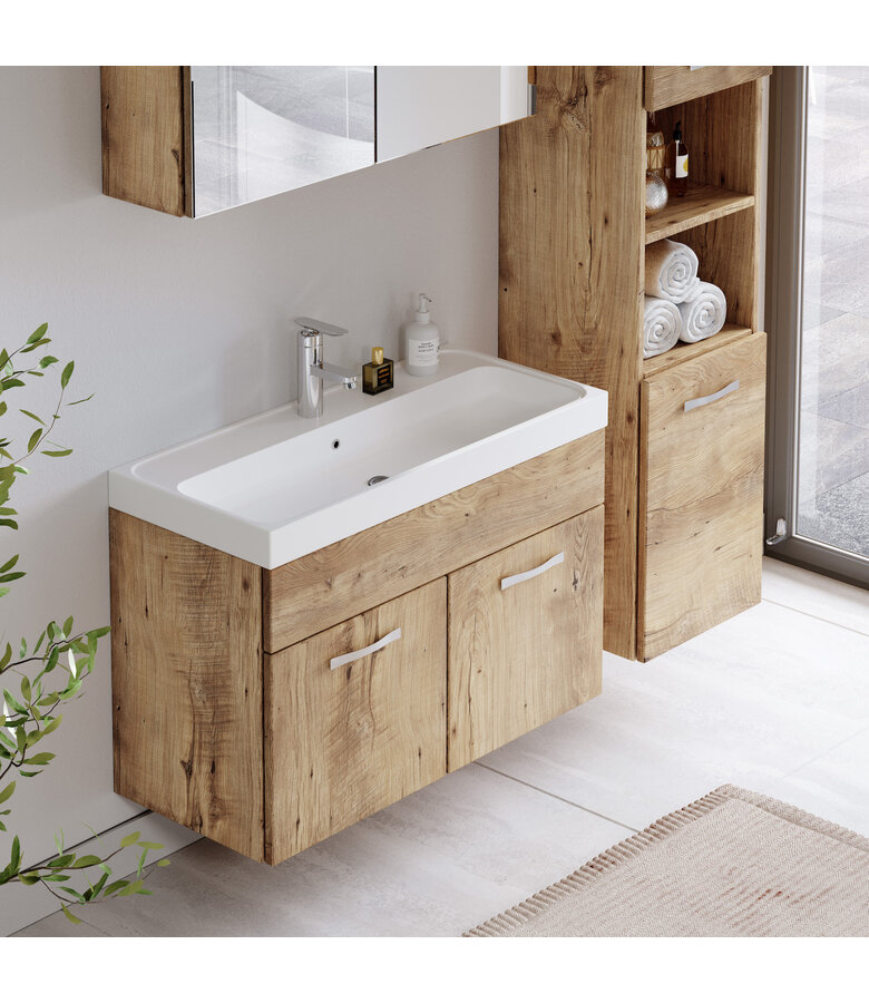 Badkamermeubel Paso LED 80cm met spiegelkast - kastanje eiken