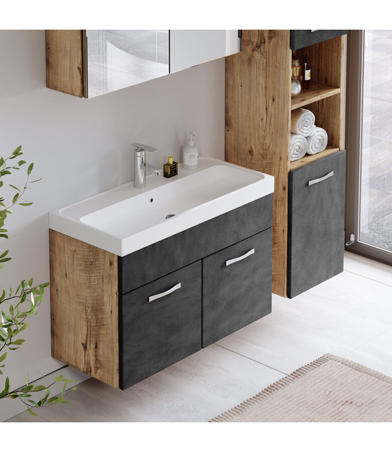 Badkamermeubel Paso LED 80cm met spiegelkast - kastanje eiken met donker grijs