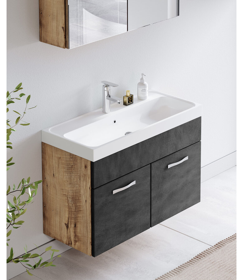 Badkamermeubel Paso 02 80cm met spiegelkast - kastanje eiken met donker grijs