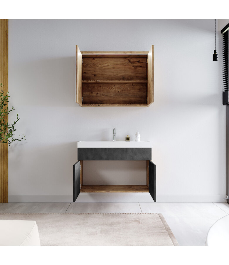 Badkamermeubel Paso 02 80cm met spiegelkast - kastanje eiken met donker grijs
