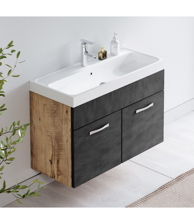 Badkamermeubel Paso 01 80cm - kastanje eiken met donker grijs