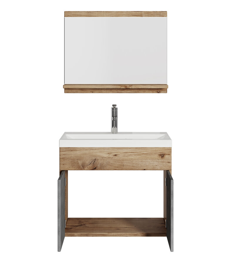 Badkamermeubel Montreal 02 60cm met spiegel - kastanje eiken met donker grijs