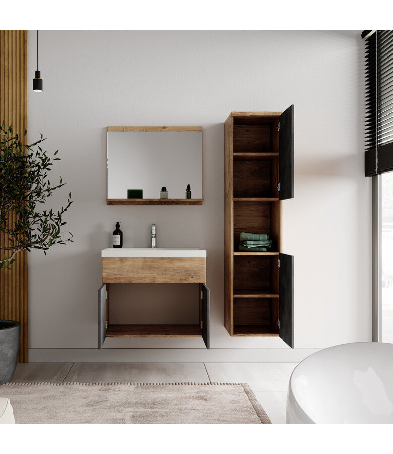 Badkamermeubel Montreal 60cm complete set - kastanje eiken met donker grijs