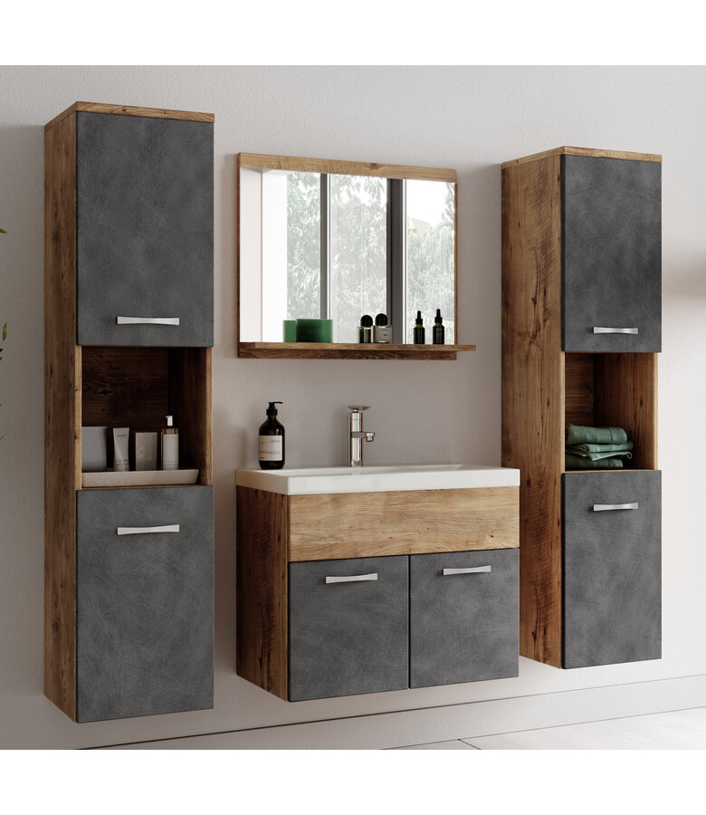 Badkamermeubel Montreal XL 60cm complete set - kastanje eiken met donker grijs