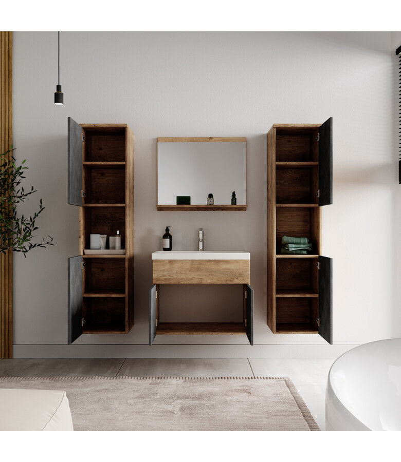 Badkamermeubel Montreal XL 60cm complete set - kastanje eiken met donker grijs