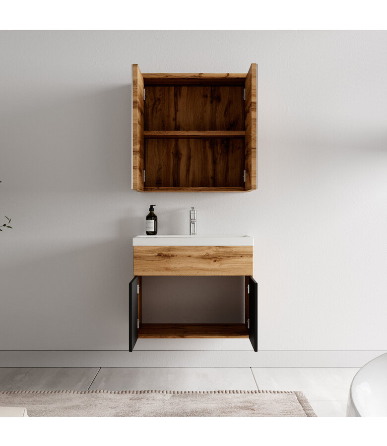 Badkamermeubel Montreal 60cm met spiegelkast - eiken met zwart