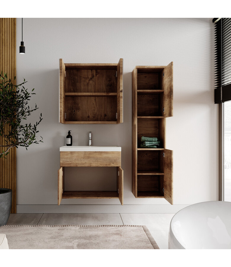 Badkamermeubel Montreal 60cm complete set met spiegelkast - kastanje eiken