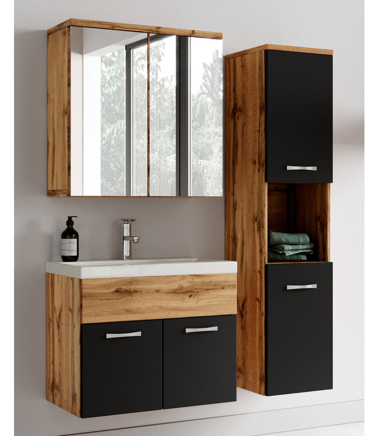 Badkamermeubel Montreal 60cm complete set met spiegelkast - eiken met mat zwart