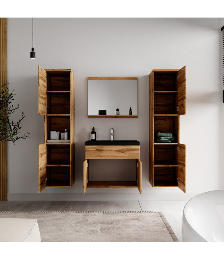 Badkamermeubel Montreal XL 60cm complete set - eiken - zwarte wastafe