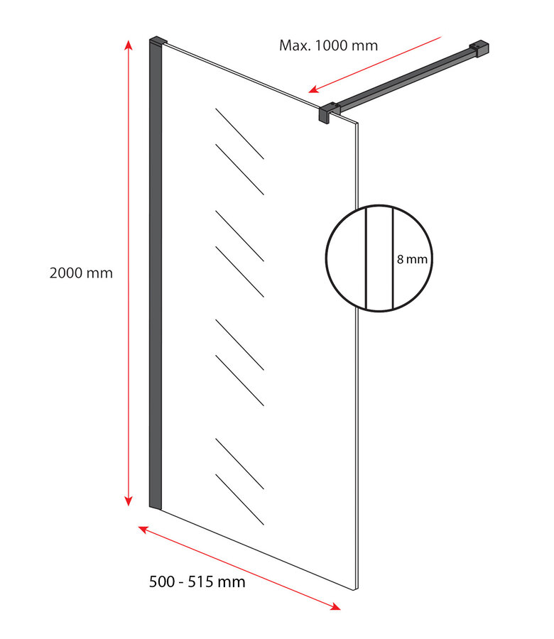 Douchewand Florida 50 x 200 cm - chroom - melkglas - inloopdouche 8mm