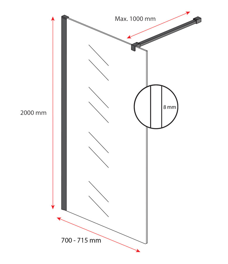 Douchewand Florida 70 x 200 cm - chroom - melkglas - inloopdouche 8mm