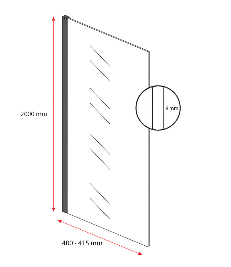 Douchewand Florida 40 x 200 cm - zwart - melkglas - inloopdouche 8mm