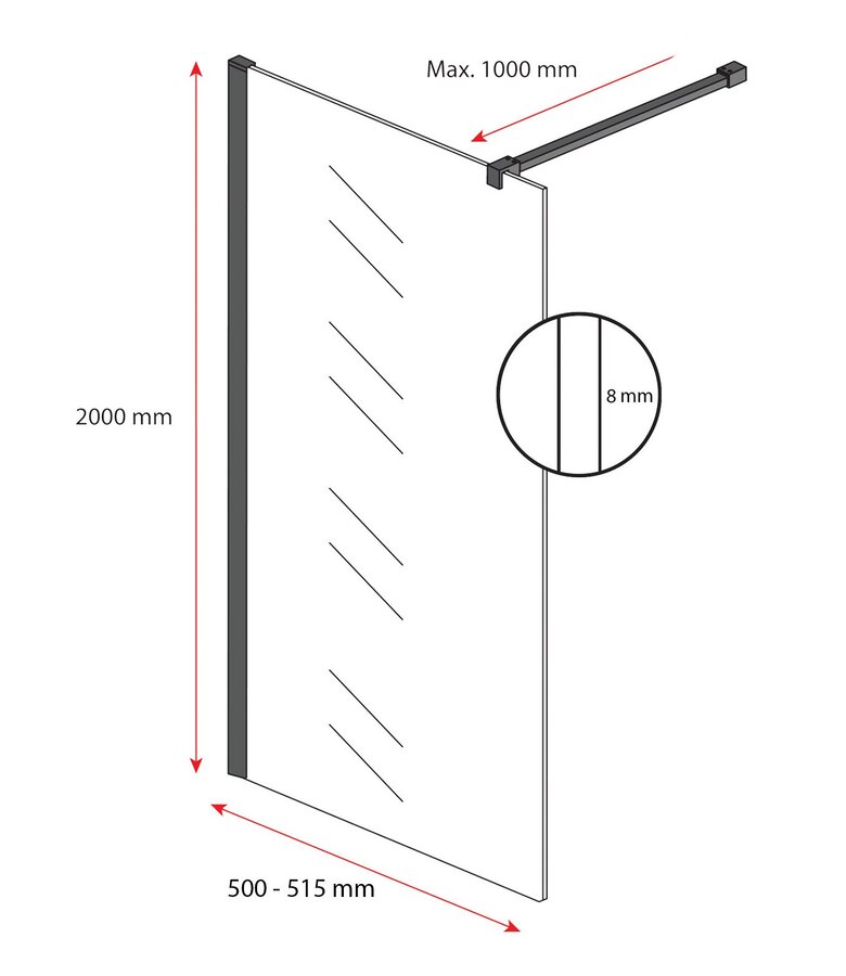 Douchewand Florida 50 x 200 cm - zwart - melkglas - inloopdouche 8mm