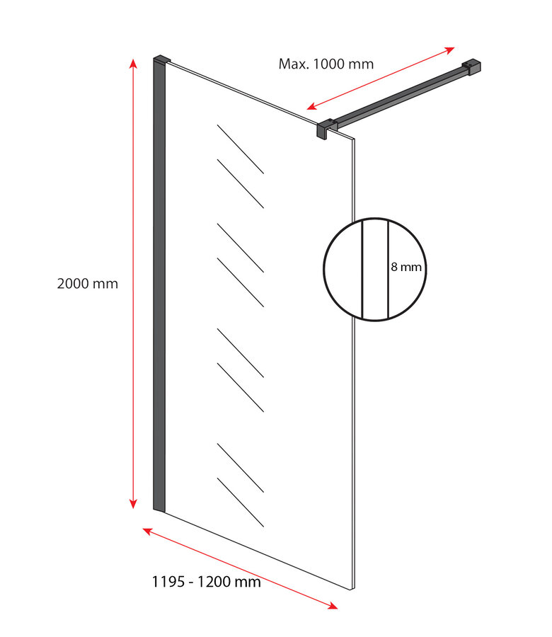 Douchewand Florida 120 x 200 cm - zwart - melkglas - inloopdouche 8mm
