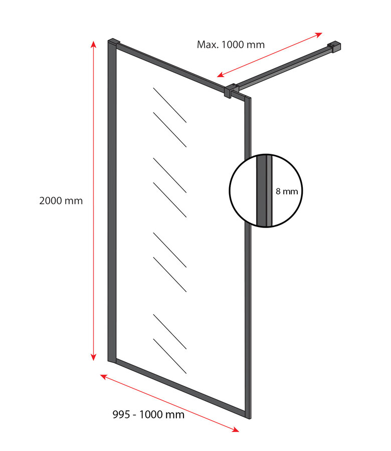 Douchewand Georgia 100 x 200 cm - zwart - inloopdouche 8mm