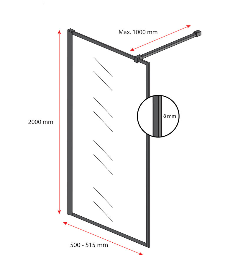 Douchewand Georgia 50 x 200 cm - zwart - inloopdouche 8mm