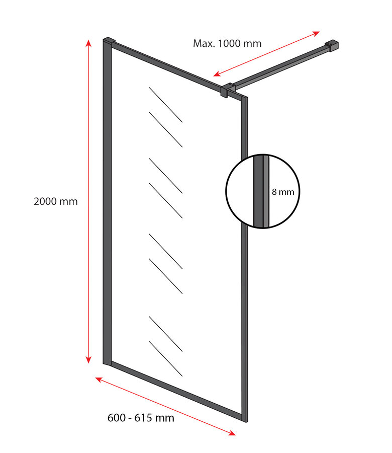 Douchewand Georgia 60 x 200 cm - zwart - inloopdouche 8mm