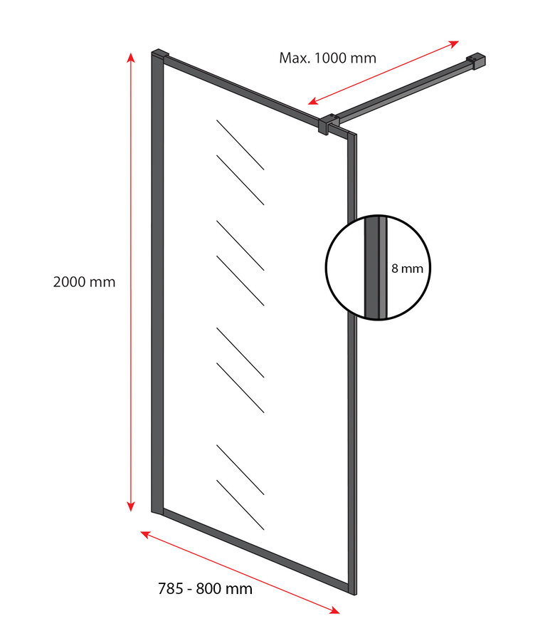 Douchewand Georgia 80 x 200 cm - zwart - inloopdouche 8mm