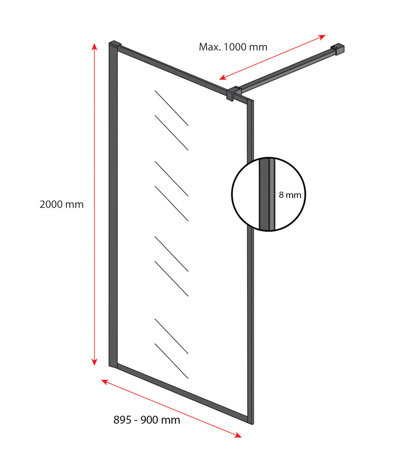 Douchewand Georgia 90 x 200 cm - zwart - inloopdouche 8mm