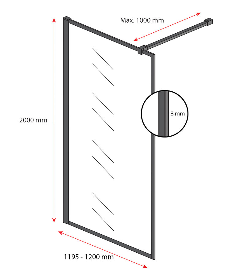 Douchewand Georgia 120 x 200 cm - zwart - inloopdouche 8mm