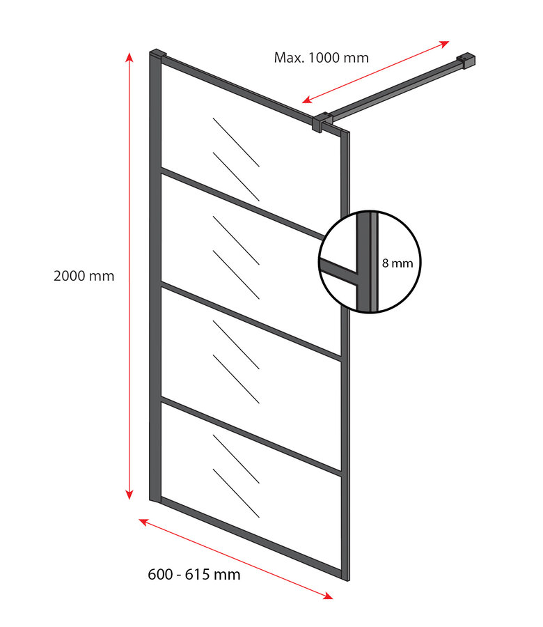 Douchewand Essos 60 x 200 cm - zwart - inloopdouche 8mm