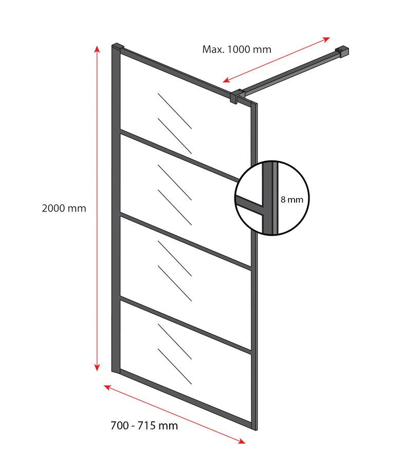 Douchewand Essos 70 x 200 cm - zwart - inloopdouche 8mm