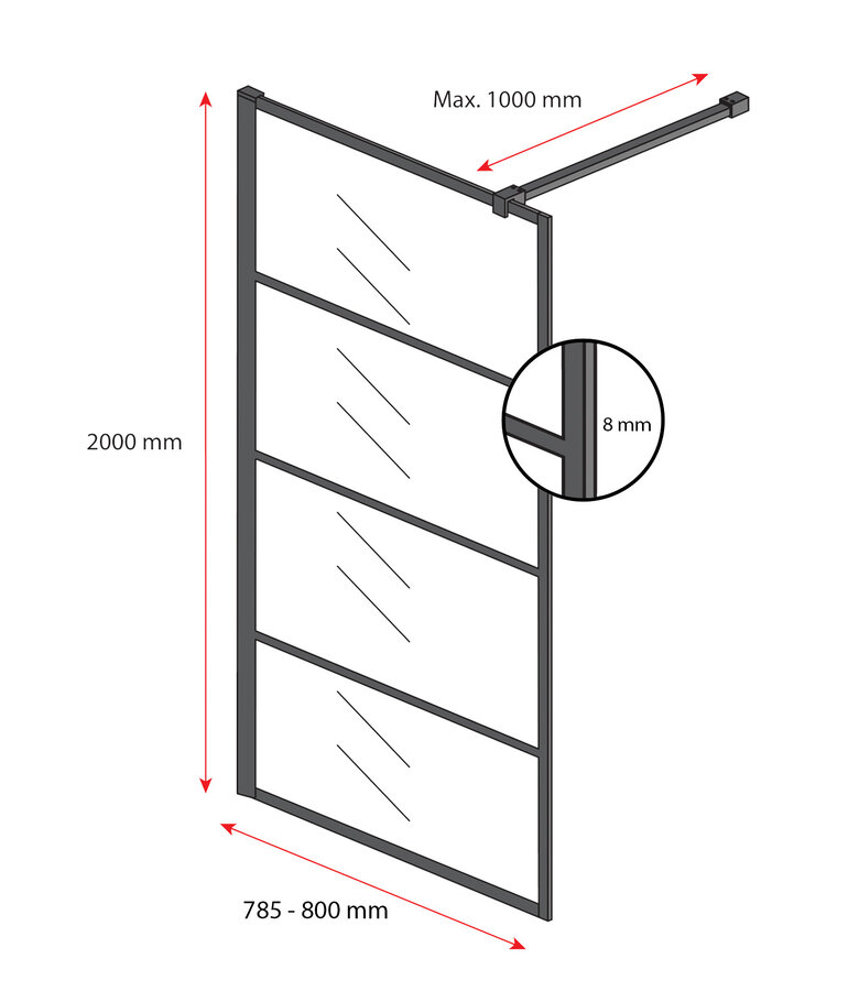 Douchewand Essos 80 x 200 cm - zwart - inloopdouche 8mm