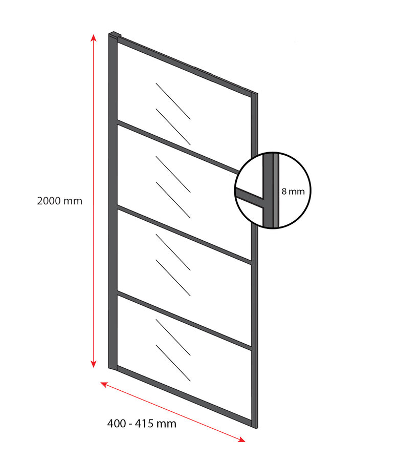 Douchewand Essos 40 x 200 cm - zwart - rookglas - inloopdouche 8mm