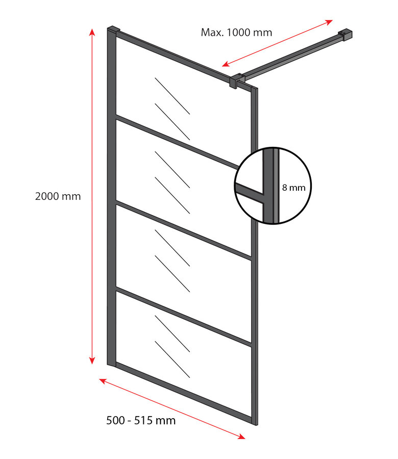 Douchewand Essos 50 x 200 cm - zwart - rookglas - inloopdouche 8mm