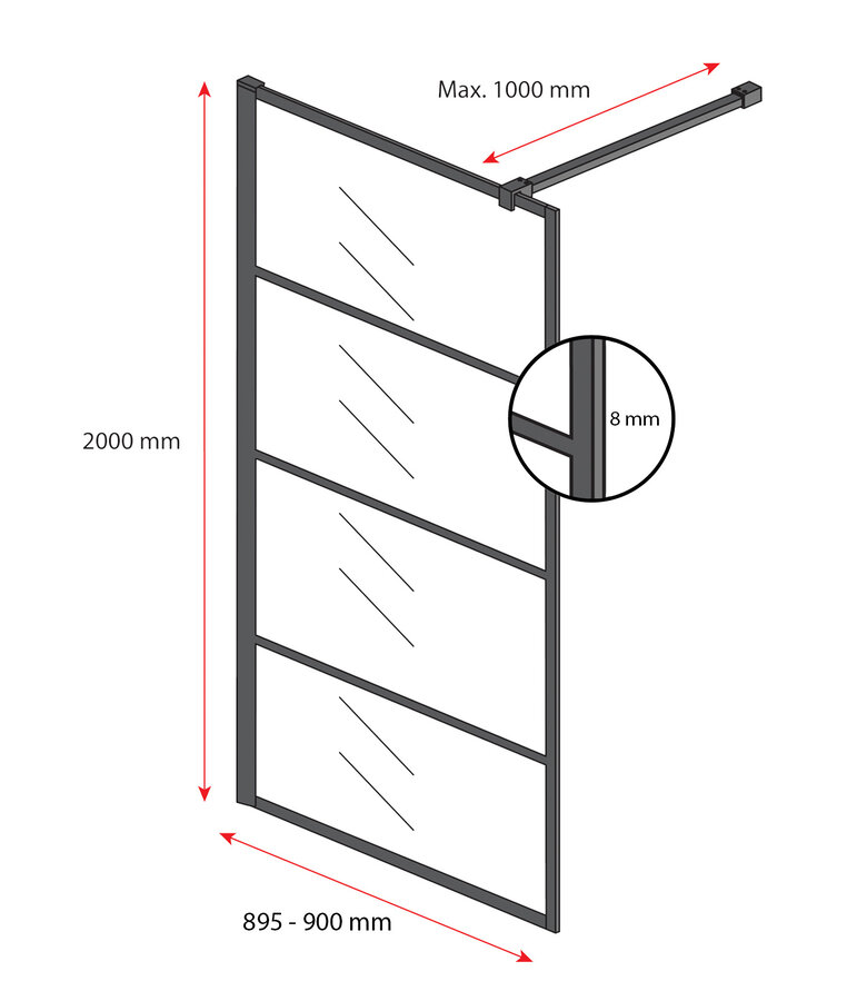 Douchewand Essos 90 x 200 cm - zwart - rookglas - inloopdouche 8mm