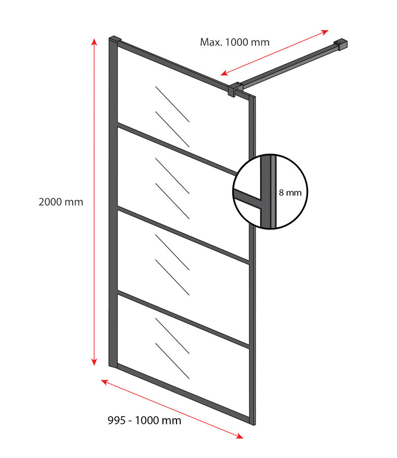 Douchewand Essos 100 x 200 cm - zwart - rookglas - inloopdouche 8mm